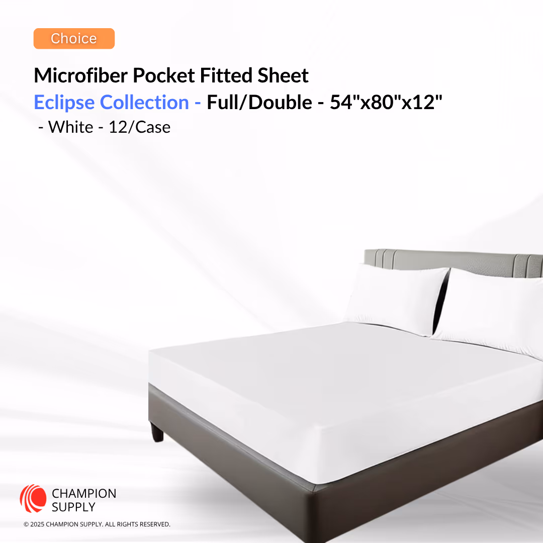 Choice Hotels Eclipse Collection Microfiber Full/Double Pocket Fitted Sheet – 54"x 80"x 12", White, Case of 24